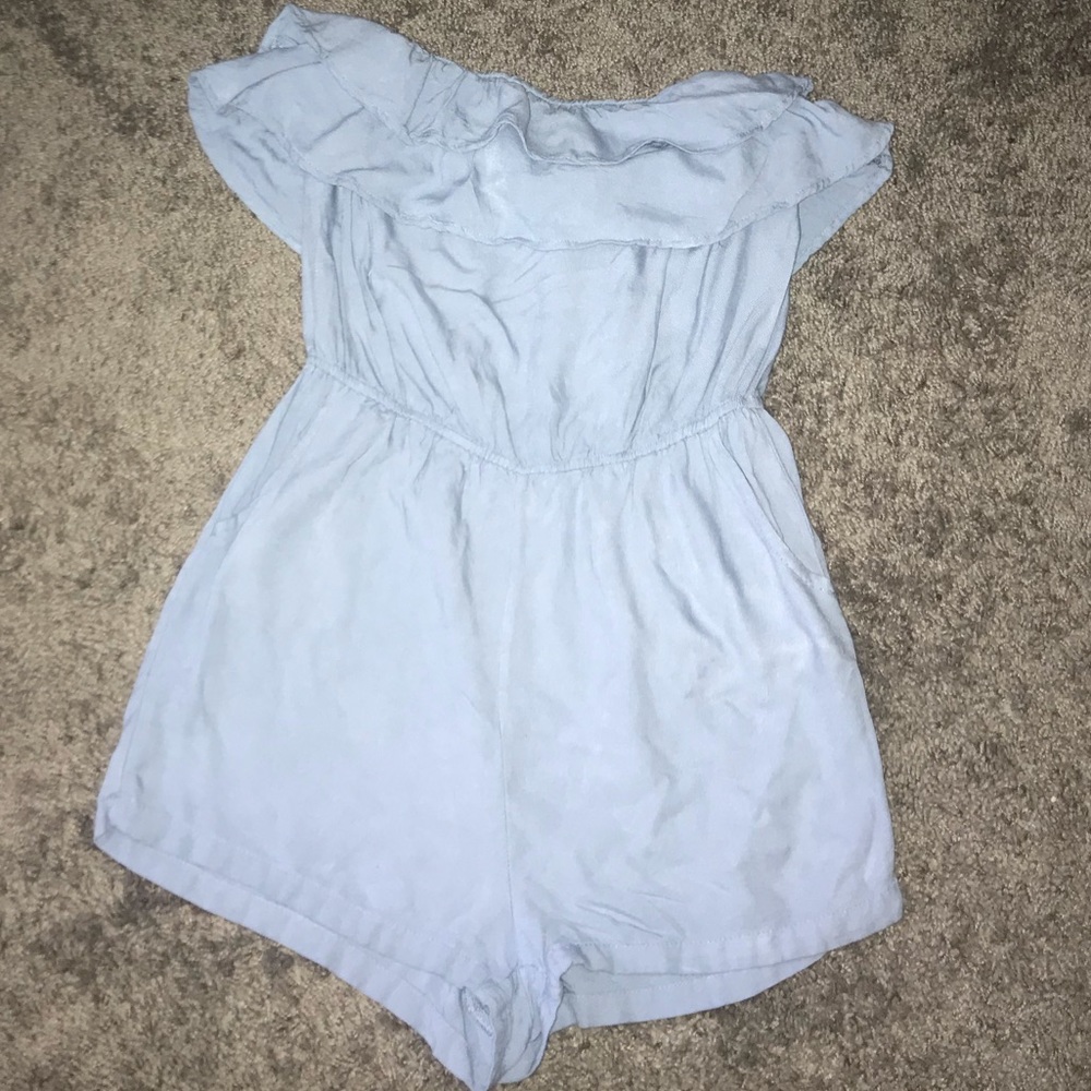 Baby Blue Strapless Romper with Ruffles Cotton
